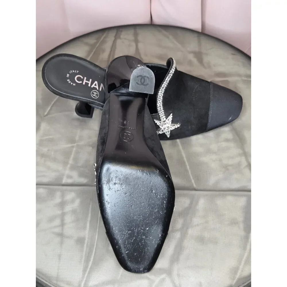Chanel Suede Grosgrain Crystal Star Strass Mules- Black